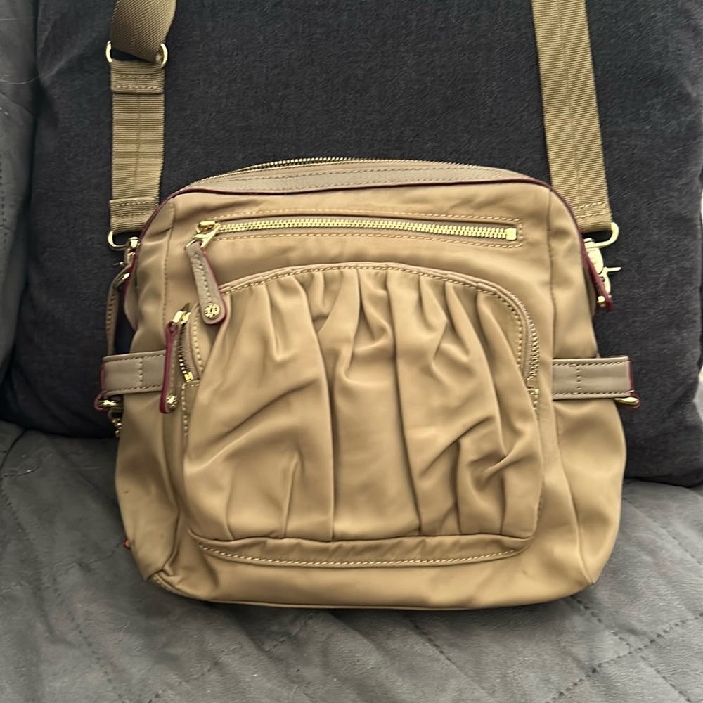 MZ Wallace 9.5’ x 3’ x 9’ Tan Nylon with Red Patent Leather Trim
